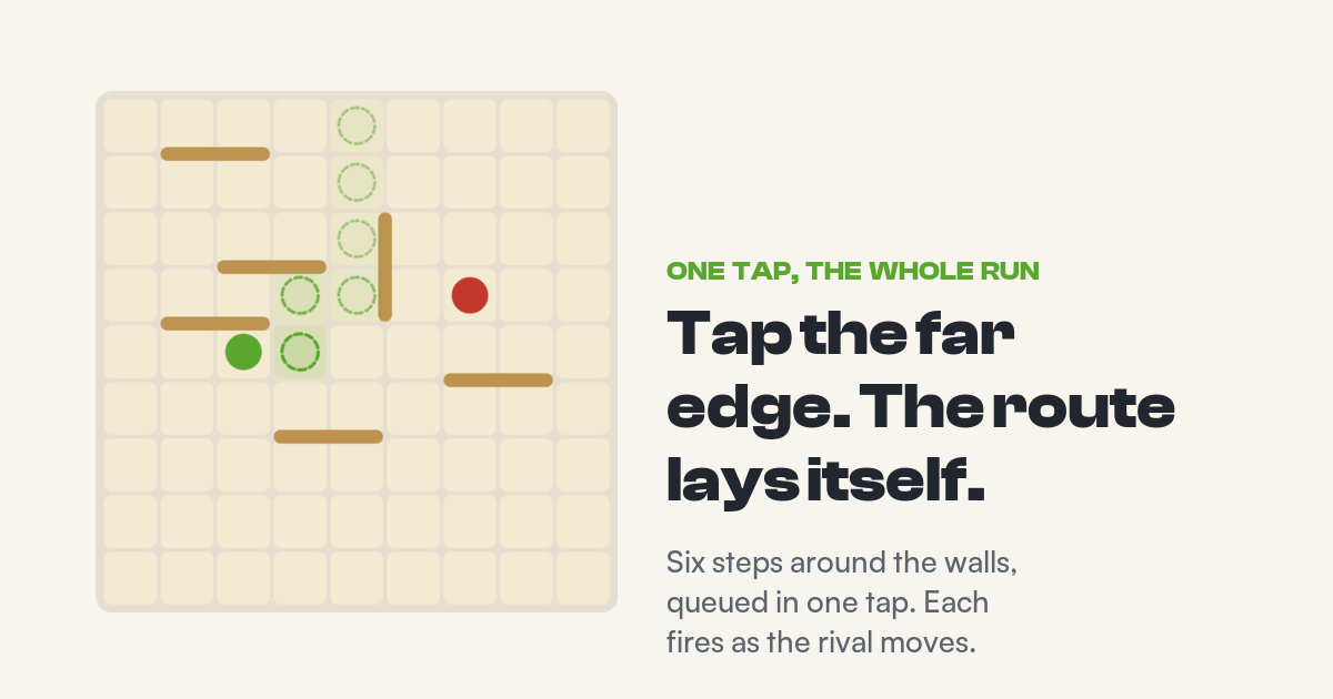 A green pawn with a trail of six dashed ghost pawns winding right, up, right and up through a maze of walls to the top edge of the board, the first ghost solid and the rest fading.